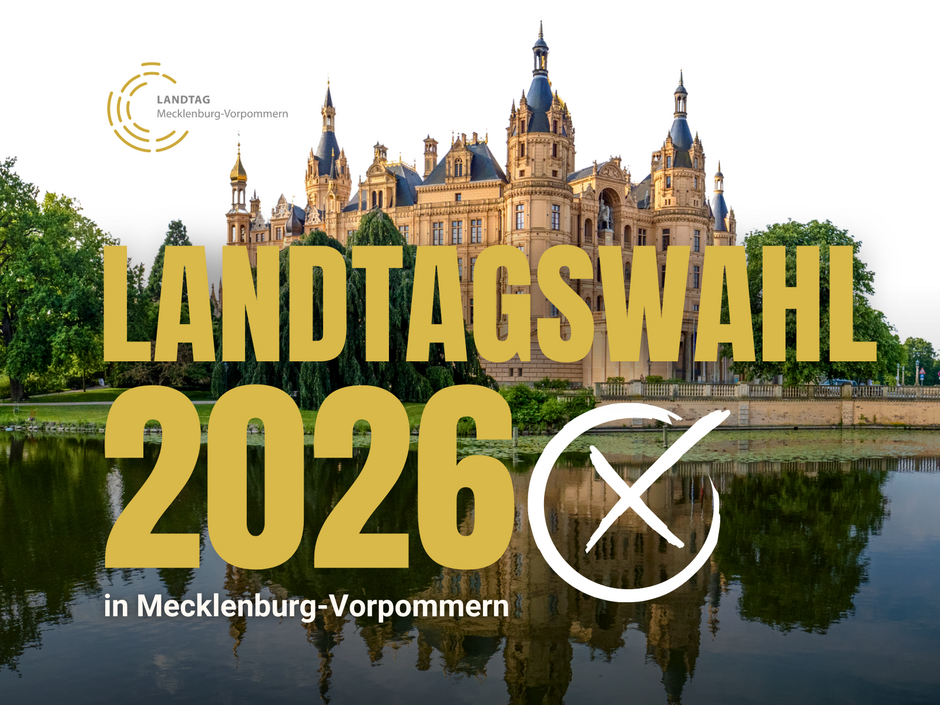 Schloss Schwerin im Hintergrund als Plakat mit der Aufschrift Landtagswahl 2026 in Mecklenburg-Vorpommern