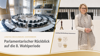 Eine Grafik, die den Plenarsaal und die Präsidentin des Landtages nebeneinander zeigt