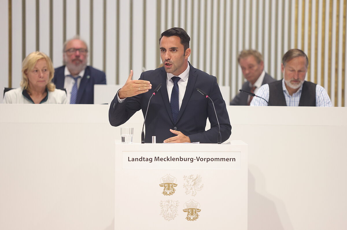 Abgeordneter spricht am Rednerpult des Landtages