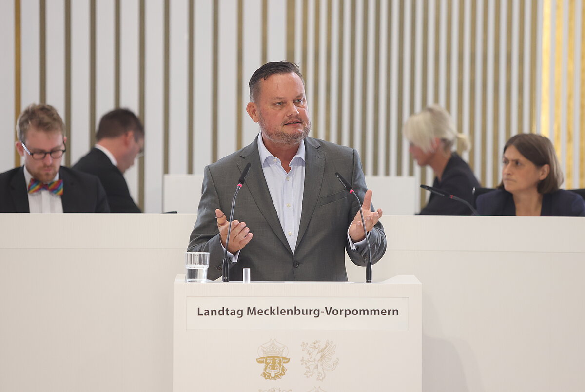 Abgeordneter spricht am Rednerpult des Landtages