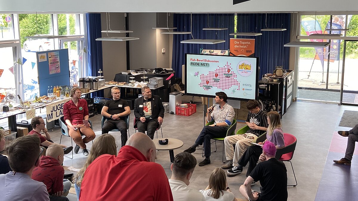 Fish Bowl Diskussion mit Abgeordneten Herrn Dr. Trepsdorf und Herrn Winter im Atrium des DeveLUP