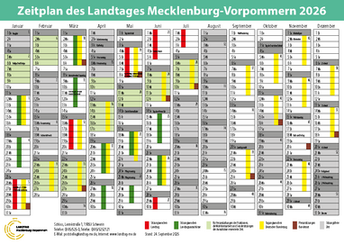 Kalenderansicht eines Sitzungsjahres nach Monaten mit grünen und roten Markierungen
